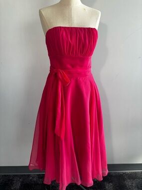 Mori Lee Strapless Hot Pink Party Dress with Ruched Bodice